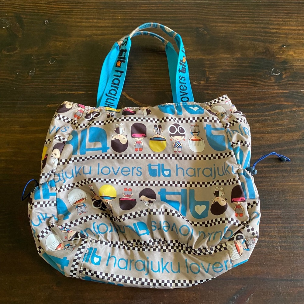 Harajuku Lovers Gwen Stefani Character Print Nylon Tote Bag Turquoise Gray Y2K